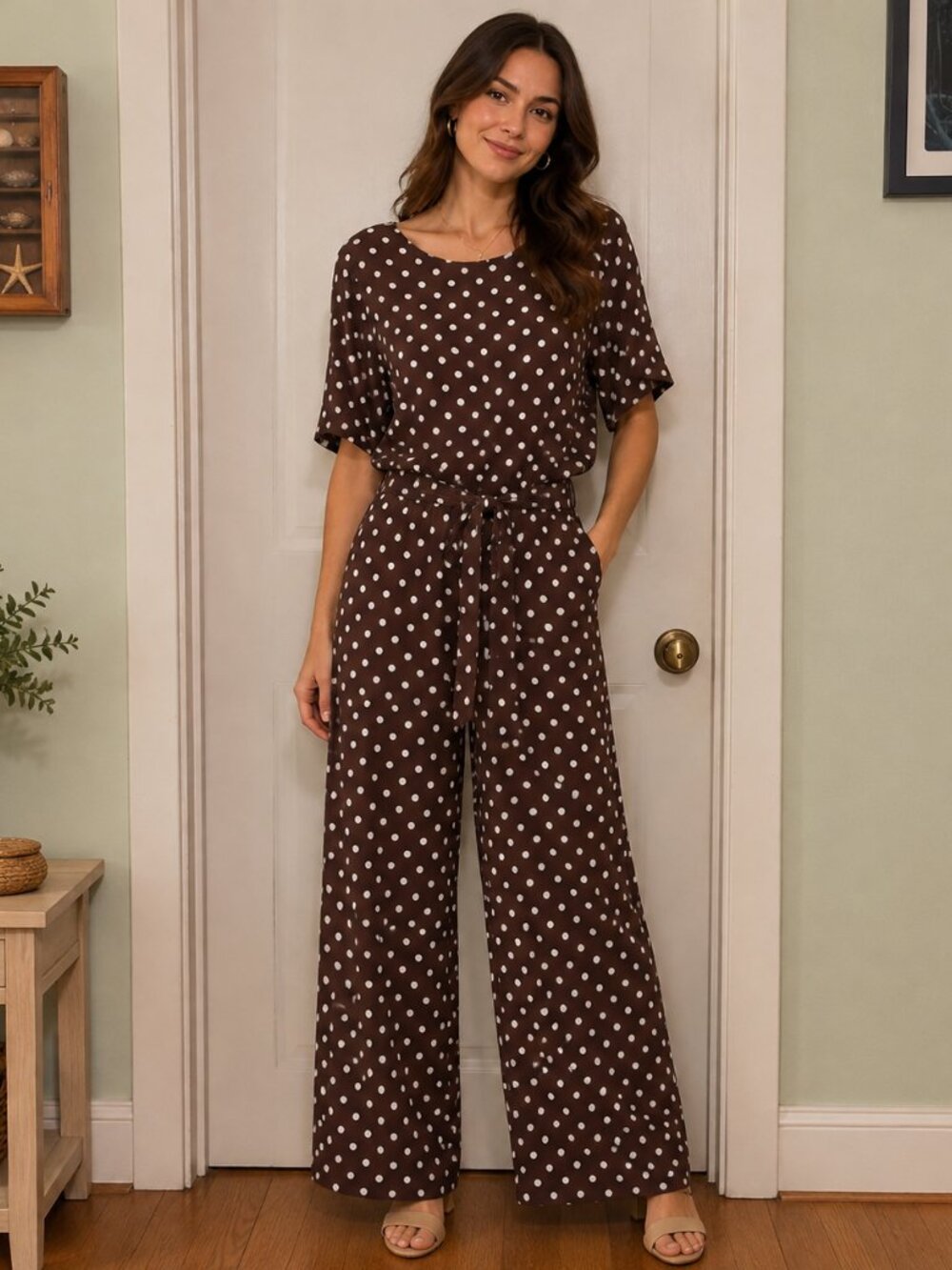 Lane Bryant Brown and White Polka Dot Tie-Waist Jumpsuit